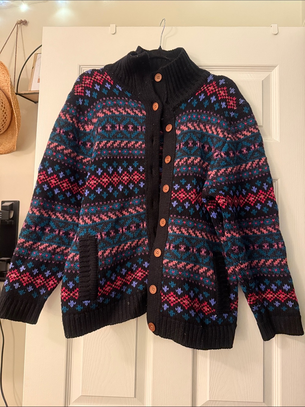Susan Bristol Black Knit Cardigan with Pink, Blue and Teal Fair Isle Pattern